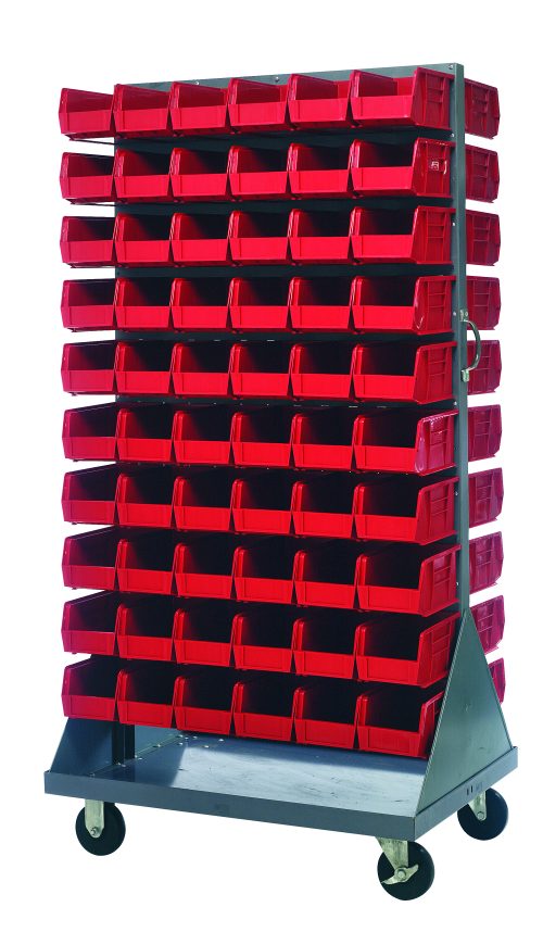 QMD-36H-230_RD.jpg The Quantum Louvered Rack, 36W x 25D x 72H, is a double-sided unit on heavy-duty casters for easy mobility. It includes (120) QUS230 red bins for small item storage and is constructed from gray enamel-coated 16-gauge cold-rolled steel with a 1200 lb. capacity.