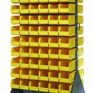 The Quantum Louvered Rack, measuring 36W x 25D x 72H, features a double-sided metal frame with louvered racks and holds 120 yellow Qus230 bins. It includes a handle and (4) 5 heavy-duty casters—(2) rigid and (2) swivel—for easy mobility. Made of gray enamel-coated, 16-gauge cold-rolled steel.