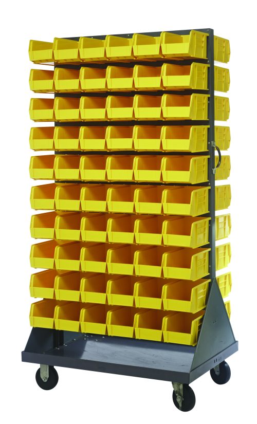 QMD-36H-230_YL.jpg The Quantum Louvered Rack, measuring 36W x 25D x 72H, features a double-sided metal frame with louvered racks and holds 120 yellow Qus230 bins. It includes a handle and (4) 5 heavy-duty casters—(2) rigid and (2) swivel—for easy mobility. Made of gray enamel-coated, 16-gauge cold-rolled steel.
