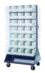 The Quantum Louvered Rack, 36W x 30D x 72H, is a double-sided mobile storage unit with a 1200 lb. capacity. It includes (56) Qus240 bins and features (4) 5 casters for mobility. The bins, available in various colors, open at the front for easy access and are arranged on durable gray enamel-coated steel.