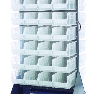 The Quantum Louvered Rack, 36W x 30D x 72H, is a double-sided mobile storage unit with a 1200 lb. capacity. It includes (56) Qus240 bins and features (4) 5 casters for mobility. The bins, available in various colors, open at the front for easy access and are arranged on durable gray enamel-coated steel.