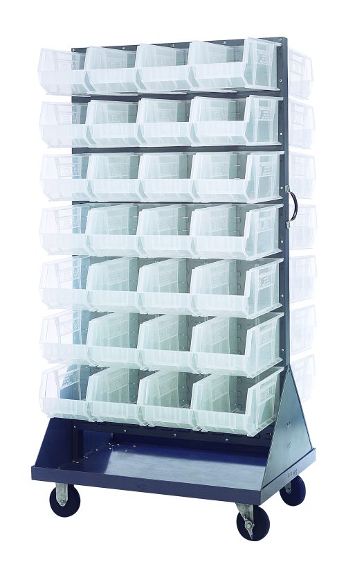 The Quantum Louvered Rack, 36W x 30D x 72H, is a double-sided mobile storage unit with a 1200 lb. capacity. It includes (56) Qus240 bins and features (4) 5 casters for mobility. The bins, available in various colors, open at the front for easy access and are arranged on durable gray enamel-coated steel.