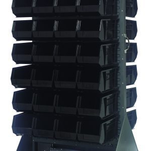 The Quantum Louvered Rack, 36W x 30D x 72H, supports up to 1200 lbs and includes 56 black Qus240 bins. Made from gray enamel-coated 16-gauge cold-rolled steel, it features a handle and four 5 rubber heavy-duty casters (two rigid, two swivel) for smooth mobility in workshops or garages.