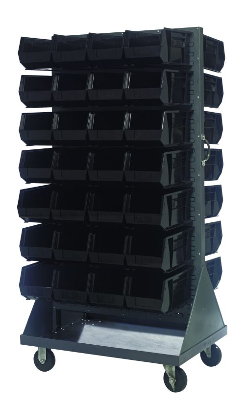 QMD-36H-240_BK.jpg The Quantum Louvered Rack, 36W x 30D x 72H, supports up to 1200 lbs and includes 56 black Qus240 bins. Made from gray enamel-coated 16-gauge cold-rolled steel, it features a handle and four 5 rubber heavy-duty casters (two rigid, two swivel) for smooth mobility in workshops or garages.