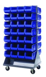 The Quantum Louvered Rack, 36W x 30D x 72H, with a 1200 lb. capacity, features double-sided access and includes (56) Qus240 blue bins. Made from gray enamel-coated, 16-gauge cold-rolled steel, it offers seamless movement with four 5 heavy-duty casters and comes shipped KD.