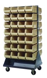 The Quantum Louvered Rack, measuring 36W x 30D x 72H, features a double-sided design and includes 56 QUS240 beige plastic bins. With a 1200 lb capacity, it has a handle, four 5 rubber casters (2 rigid, 2 swivel), and is made of gray enamel-coated steel.