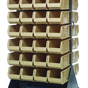 The Quantum Louvered Rack, measuring 36W x 30D x 72H, features a double-sided design and includes 56 QUS240 beige plastic bins. With a 1200 lb capacity, it has a handle, four 5 rubber casters (2 rigid, 2 swivel), and is made of gray enamel-coated steel.