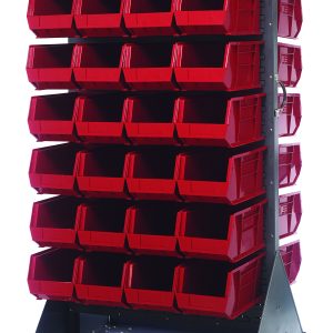 The Quantum Louvered Rack is a double-sided metal storage solution with a 1200 lb. capacity. It features 56 red plastic bins, measuring 36W x 30D x 72H, and includes a handle and four 5 heavy-duty casters (two rigid and two swivel) for easy mobility. Made of gray enamel-coated 16-gauge cold rolled steel.
