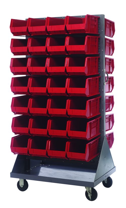 The Quantum Louvered Rack is a double-sided metal storage solution with a 1200 lb. capacity. It features 56 red plastic bins, measuring 36W x 30D x 72H, and includes a handle and four 5 heavy-duty casters (two rigid and two swivel) for easy mobility. Made of gray enamel-coated 16-gauge cold rolled steel.