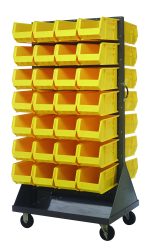 The Quantum Louvered Rack, measuring 36W x 30D x 72H, features 56 yellow Qus240 bins. This double-sided storage unit is mounted on a wheeled base with four 5 heavy-duty casters (2 rigid and 2 swivel) for easy transport and organization of small items.