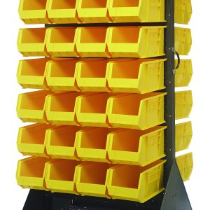 The Quantum Louvered Rack, measuring 36W x 30D x 72H, features 56 yellow Qus240 bins. This double-sided storage unit is mounted on a wheeled base with four 5 heavy-duty casters (2 rigid and 2 swivel) for easy transport and organization of small items.