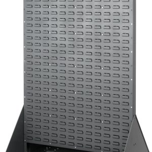 The Quantum Louvered Rack is a 36W x 25D x 72H double-sided gray enamel coated steel cart, built from 16-gauge material. It includes a handle and four heavy-duty rubber casters (two rigid, two swivel) for easy mobility. The tall structure also features evenly slotted panels and a triangular base for stability.