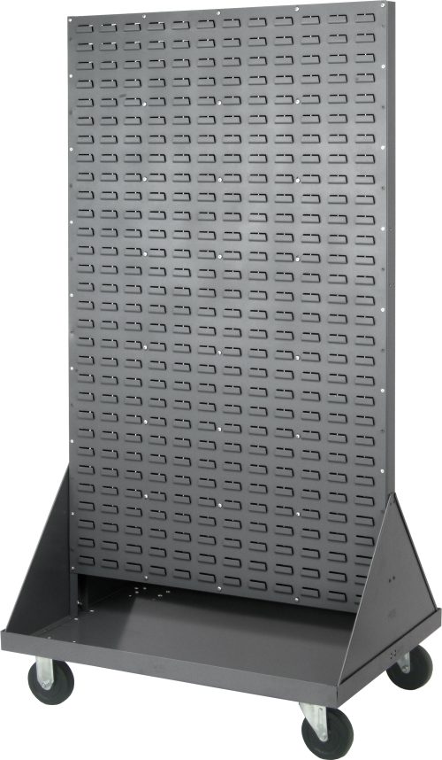 The Quantum Louvered Rack is a 36W x 25D x 72H double-sided gray enamel coated steel cart, built from 16-gauge material. It includes a handle and four heavy-duty rubber casters (two rigid, two swivel) for easy mobility. The tall structure also features evenly slotted panels and a triangular base for stability.
