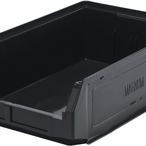 The Quantum Magnum Bin, sized 19-3/4 x 12-3/8 x 5-7/8, holds up to 150 lbs. and is made from recycled polypropylene. It features a black finish, open front, raised edges, and MAGNUM 531 label. It resists corrosion and rust, making it perfect for organizing or storing items efficiently. Made in USA.