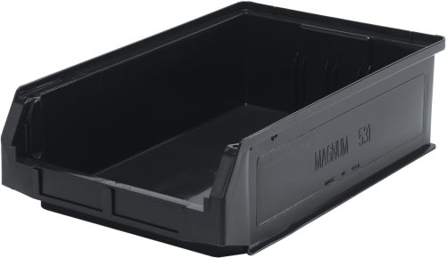 QMS531BR.jpg The Quantum Magnum Bin, sized 19-3/4 x 12-3/8 x 5-7/8, holds up to 150 lbs. and is made from recycled polypropylene. It features a black finish, open front, raised edges, and MAGNUM 531 label. It resists corrosion and rust, making it perfect for organizing or storing items efficiently. Made in USA.