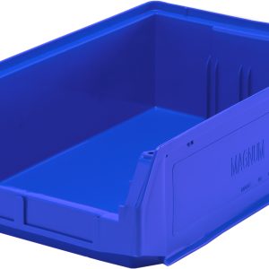 The Quantum Magnum Bin is a blue, rectangular storage container made from high-density polypropylene. It measures 19-3/4L x 12-3/8W x 5-7/8H and features an open top, solid base, and ridged interior for stability. It can stack up to 150 lbs and is resistant to corrosion, rust, and rot. Made in the USA.