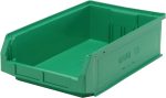 The Quantum Magnum Bin, measuring 19-3/4L x 12-3/8W x 5-7/8H and made in the USA from high-density polypropylene, is rust-resistant and green. With a stack capacity of 150 lbs, it’s ideal for organizing items.