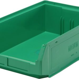 The Quantum Magnum Bin, measuring 19-3/4L x 12-3/8W x 5-7/8H and made in the USA from high-density polypropylene, is rust-resistant and green. With a stack capacity of 150 lbs, it’s ideal for organizing items.
