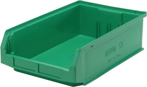 The Quantum Magnum Bin, measuring 19-3/4L x 12-3/8W x 5-7/8H and made in the USA from high-density polypropylene, is rust-resistant and green. With a stack capacity of 150 lbs, it’s ideal for organizing items.