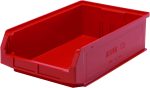 The Quantum Magnum Bin, measuring 19-3/4L x 12-3/8W x 5-7/8H, is a red, open-topped storage solution made from high-density polypropylene. It resists corrosion and solvents and supports up to 150 lbs.