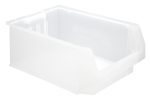 Introducing the Quantum Magnum Bin: a clear, transparent storage solution made of high-density polypropylene, resistant to corrosion and solvents. With dimensions of 19-3/4L x 12-3/8W x 5-7/8H, it has a stack capacity of 150 lbs. A lowered front makes access easy and subtle branding adorns its side. Made in USA.