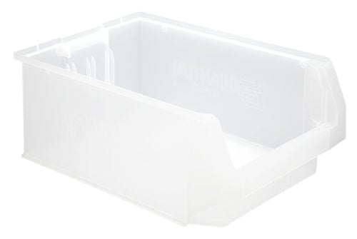 Introducing the Quantum Magnum Bin: a clear, transparent storage solution made of high-density polypropylene, resistant to corrosion and solvents. With dimensions of 19-3/4L x 12-3/8W x 5-7/8H, it has a stack capacity of 150 lbs. A lowered front makes access easy and subtle branding adorns its side. Made in USA.