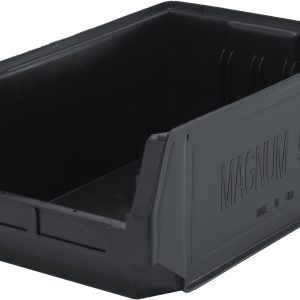 A large, open-top Quantum Magnum Bin made from high-density polypropylene with MAGNUM 532 on the side. Measuring 19-3/4L x 12-3/8W x 7-7/8H and impervious to most solvents, its rust, rot, and corrosion resistant. Black and featured on a plain white background.