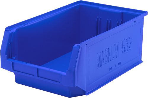 The Quantum Magnum Bin, with MAGNUM 532 embossed on its side, is a blue high-density polypropylene storage solution. Measuring 19-3/4L x 12-3/8W x 7-7/8H and holding up to 150 lbs, it’s ideal for organizing essentials and resists solvents, corrosion, rust, and rot. Made in the USA.