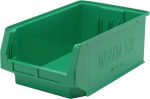The Quantum Magnum Bin, measuring 19-3/4L x 12-3/8W x 7-7/8H, is crafted in the USA from high-density polypropylene. It is green, resistant to corrosion, rust, and rot, and supports up to 150 lbs. Its design ensures its impervious to most solvents.
