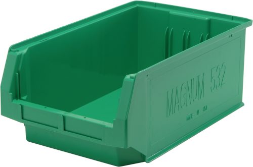 QMS532_GN.jpg The Quantum Magnum Bin, measuring 19-3/4L x 12-3/8W x 7-7/8H, is crafted in the USA from high-density polypropylene. It is green, resistant to corrosion, rust, and rot, and supports up to 150 lbs. Its design ensures its impervious to most solvents.