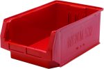 The Quantum Magnum Bin, measuring 19-3/4L x 12-3/8W x 7-7/8H with a stack capacity of 150 lbs, is made in the USA from high-density polypropylene. Red and open-fronted, its rust, corrosion, and rot-resistant, ideal for organizing or storing items.