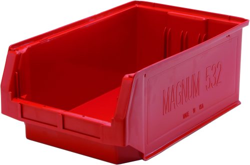 The Quantum Magnum Bin, measuring 19-3/4L x 12-3/8W x 7-7/8H with a stack capacity of 150 lbs, is made in the USA from high-density polypropylene. Red and open-fronted, its rust, corrosion, and rot-resistant, ideal for organizing or storing items.