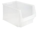 The Quantum Magnum Bin, measuring 19-3/4L x 12-3/8W x 11-7/8H, is clear and made in the USA. It offers easy access with an open front and has a stackable design with a 150 lbs. capacity. Made of high-density polypropylene, its resistant to solvents, corrosion, rust, and rot—ideal for efficient organization.