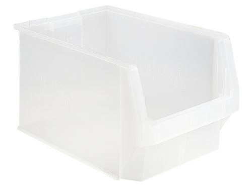 QMS533CL.jpg The Quantum Magnum Bin, measuring 19-3/4L x 12-3/8W x 11-7/8H, is clear and made in the USA. It offers easy access with an open front and has a stackable design with a 150 lbs. capacity. Made of high-density polypropylene, its resistant to solvents, corrosion, rust, and rot—ideal for efficient organization.