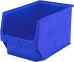 The Quantum Magnum Bin, measuring 19-3/4L x 12-3/8W x 11-7/8H, is a blue storage solution made in the USA from high-density polypropylene. It supports a stack capacity of 150 lbs and features an open top and front for easy access. Its resistant to solvents, corrosion, rust, and rot.