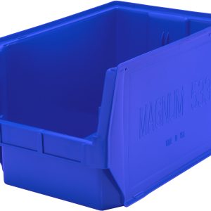 The Quantum Magnum Bin, measuring 19-3/4L x 12-3/8W x 11-7/8H, is a blue storage solution made in the USA from high-density polypropylene. It supports a stack capacity of 150 lbs and features an open top and front for easy access. Its resistant to solvents, corrosion, rust, and rot.