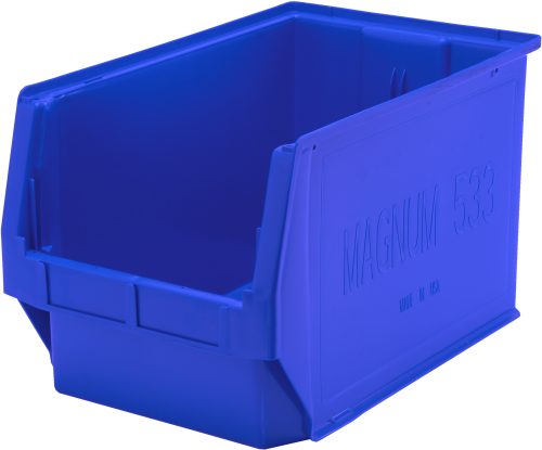The Quantum Magnum Bin, measuring 19-3/4L x 12-3/8W x 11-7/8H, is a blue storage solution made in the USA from high-density polypropylene. It supports a stack capacity of 150 lbs and features an open top and front for easy access. Its resistant to solvents, corrosion, rust, and rot.