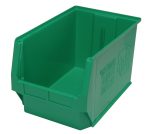 The Quantum Magnum Bin, made of high-density polypropylene and measuring 19-3/4L x 12-3/8W x 11-7/8H, is green, solvent-resistant, and features an open front for organizing. Its corrosion, rust, and rot-resistant with a reinforced edge and a square emblem on the side. Made in the USA.