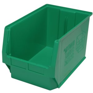 The Quantum Magnum Bin, made of high-density polypropylene and measuring 19-3/4L x 12-3/8W x 11-7/8H, is green, solvent-resistant, and features an open front for organizing. Its corrosion, rust, and rot-resistant with a reinforced edge and a square emblem on the side. Made in the USA.