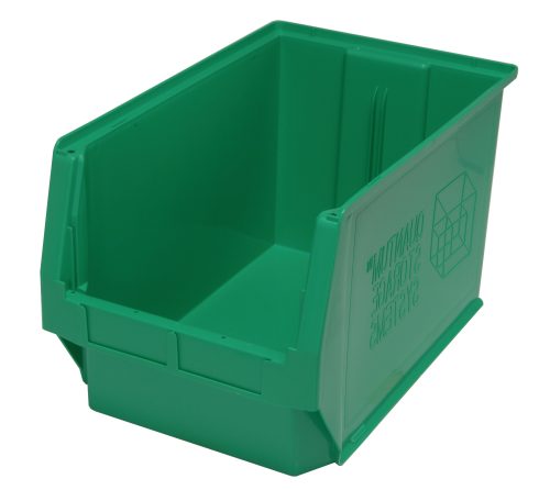 The Quantum Magnum Bin, made of high-density polypropylene and measuring 19-3/4L x 12-3/8W x 11-7/8H, is green, solvent-resistant, and features an open front for organizing. Its corrosion, rust, and rot-resistant with a reinforced edge and a square emblem on the side. Made in the USA.
