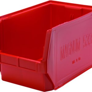 The Quantum Magnum Bin in red, measuring 19-3/4L x 12-3/8W x 11-7/8H and made from high-density polypropylene, features an open front and reinforced edges for durability. It boasts a stack capacity of 150 lbs and is resistant to solvents, corrosion, rust, and rot. Made in the USA.