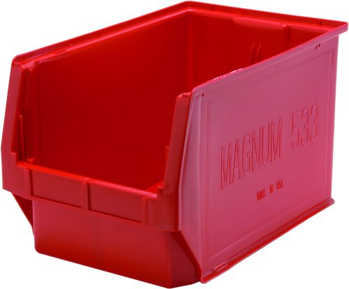 The Quantum Magnum Bin in red, measuring 19-3/4L x 12-3/8W x 11-7/8H and made from high-density polypropylene, features an open front and reinforced edges for durability. It boasts a stack capacity of 150 lbs and is resistant to solvents, corrosion, rust, and rot. Made in the USA.
