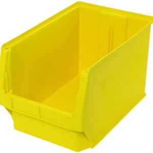 The Quantum Magnum Bin, in bright yellow and made from high-density polypropylene, measures 19-3/4L x 12-3/8W x 11-7/8H. With reinforced edges and a slanted opening, it resists most solvents, corrosion, rust, and rot for organizing items with durability. Made in the USA.