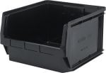 The Quantum Magnum Bin, made in the USA, measures 19-3/4L x 18-3/8W x 11-7/8H and is crafted from high-density polypropylene. Its black, impervious to most solvents, corrosion-resistant, and features a wide front opening with MAGNUM 543 embossed on grooved sides; ideal for organizing or stacking.