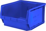 The Quantum Magnum Bin, measuring 19-3/4L x 18-3/8W x 11-7/8H, is blue and made in the USA from high-density polypropylene. It features ribbed reinforcement, an open front with a label area, and a 150 lbs. stack capacity. It is impervious to solvents and resistant to corrosion, rust, and rot.