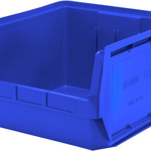 The Quantum Magnum Bin, measuring 19-3/4L x 18-3/8W x 11-7/8H, is blue and made in the USA from high-density polypropylene. It features ribbed reinforcement, an open front with a label area, and a 150 lbs. stack capacity. It is impervious to solvents and resistant to corrosion, rust, and rot.