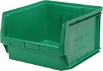 The Quantum Magnum Bin is a green, high-density polypropylene storage solution, measuring 19-3/4L x 18-3/8W x 11-7/8H, with a stack capacity of 150 lbs. Its impervious to most solvents and resistant to corrosion, rust, and rot. Made in the USA for durable storage needs.
