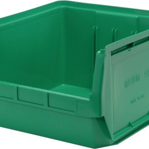 The Quantum Magnum Bin is a green, high-density polypropylene storage solution, measuring 19-3/4L x 18-3/8W x 11-7/8H, with a stack capacity of 150 lbs. Its impervious to most solvents and resistant to corrosion, rust, and rot. Made in the USA for durable storage needs.