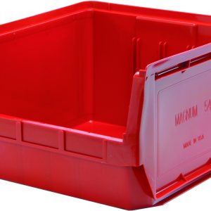 The Quantum Magnum Bin, red and made in the USA, is crafted from high-density polypropylene. With an open top and reinforced edges, it measures 19-3/4L x 18-3/8W x 11-7/8H and supports up to 150 lbs. Its impervious to most solvents and resistant to corrosion, rust, and rot.