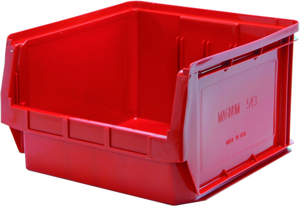 Red Quantum MAGNUM heavy-duty bin with double-wall construction and open hopper front